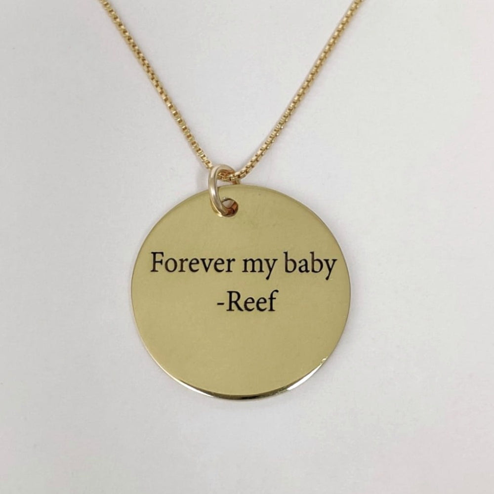 תליון זהב 14 קראט עם חקיקה אישית 'Forever my baby -Reef', מתנה נצחייה לזכרו
